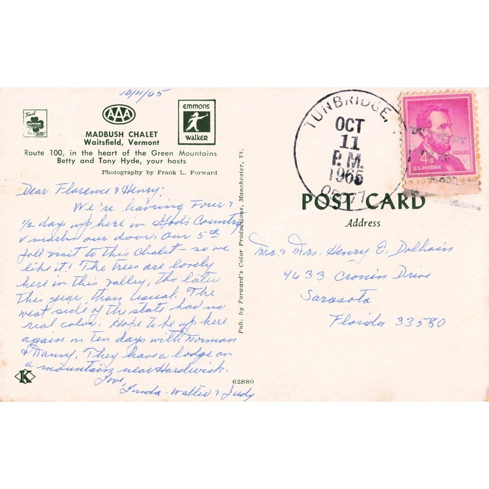 Vtg 1965 Madbush Chalet Postcard Waitsfield Vermont Green Mountains Route 100 - Picture 2 of 2